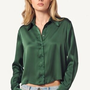 SABLYN Yves Straight Hem Silk Button Down Shirt Cropped S Forest Emerald Green